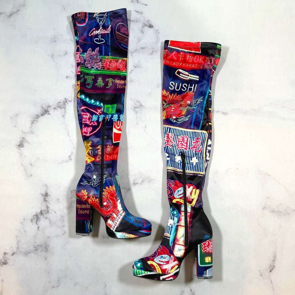 Dolls Kill Current Mood Midnight City Print Thigh High Platform Boots 8 - Picture 3 of 10